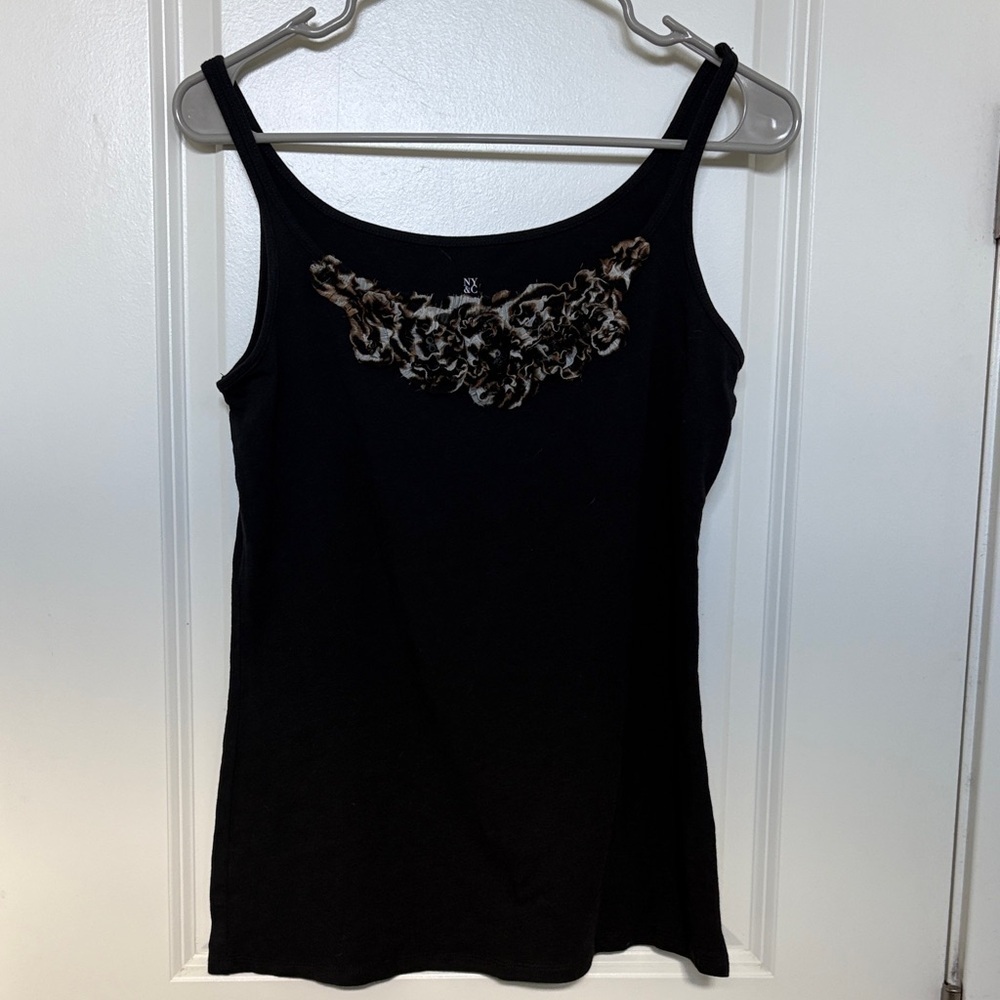 New York & Company Black Camisole with Animal Print Detail